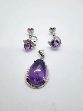 Vintage Amethyst Silver Pendant Screw Back Earrings Set Estate Jewelry
